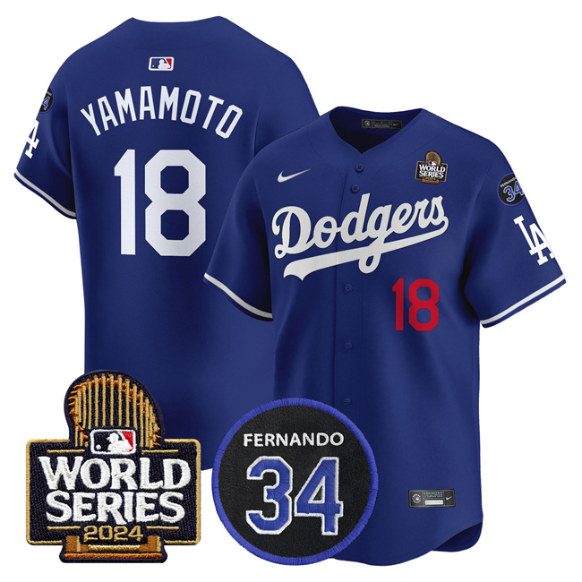 Los Angeles Dodgers #18 Yoshinobu Yamamoto Royal 2024 World Series With Fernando Memorial Patch Limited Stitched Jersey